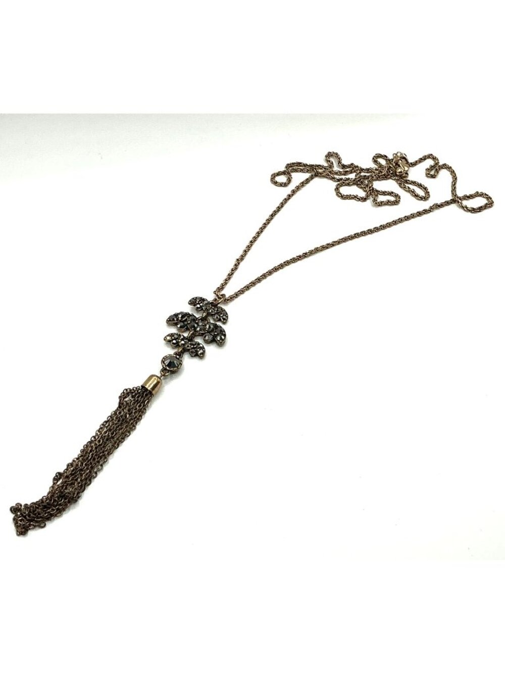 Vintage Bronze Tone Chain Necklace With Rhinestone Pendant and Tassel Accent